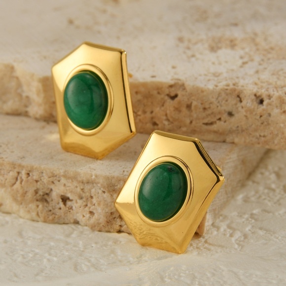 18K Gold Plated Green Onyx Earrings*Vintage Inspired Statement Earrings*MJ - Picture 1 of 4